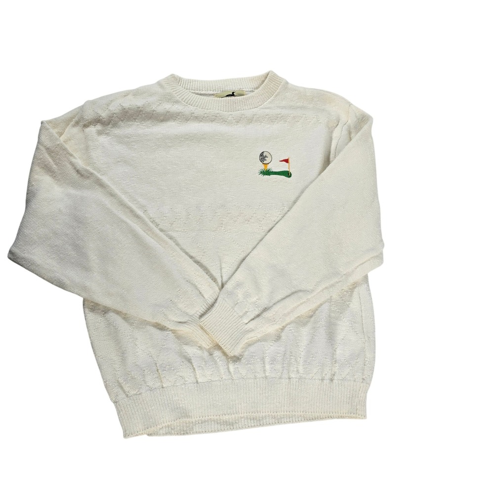 Winona Knits Vintage Mens Cream Golf Embroidered Diamond Knit Sweater‎ Made USA
